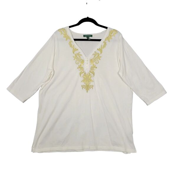 LAUREN RALPH LAUREN White Gold Embroidered 3/4 Sleeve Top SIZE 2X - Picture 1 of 12